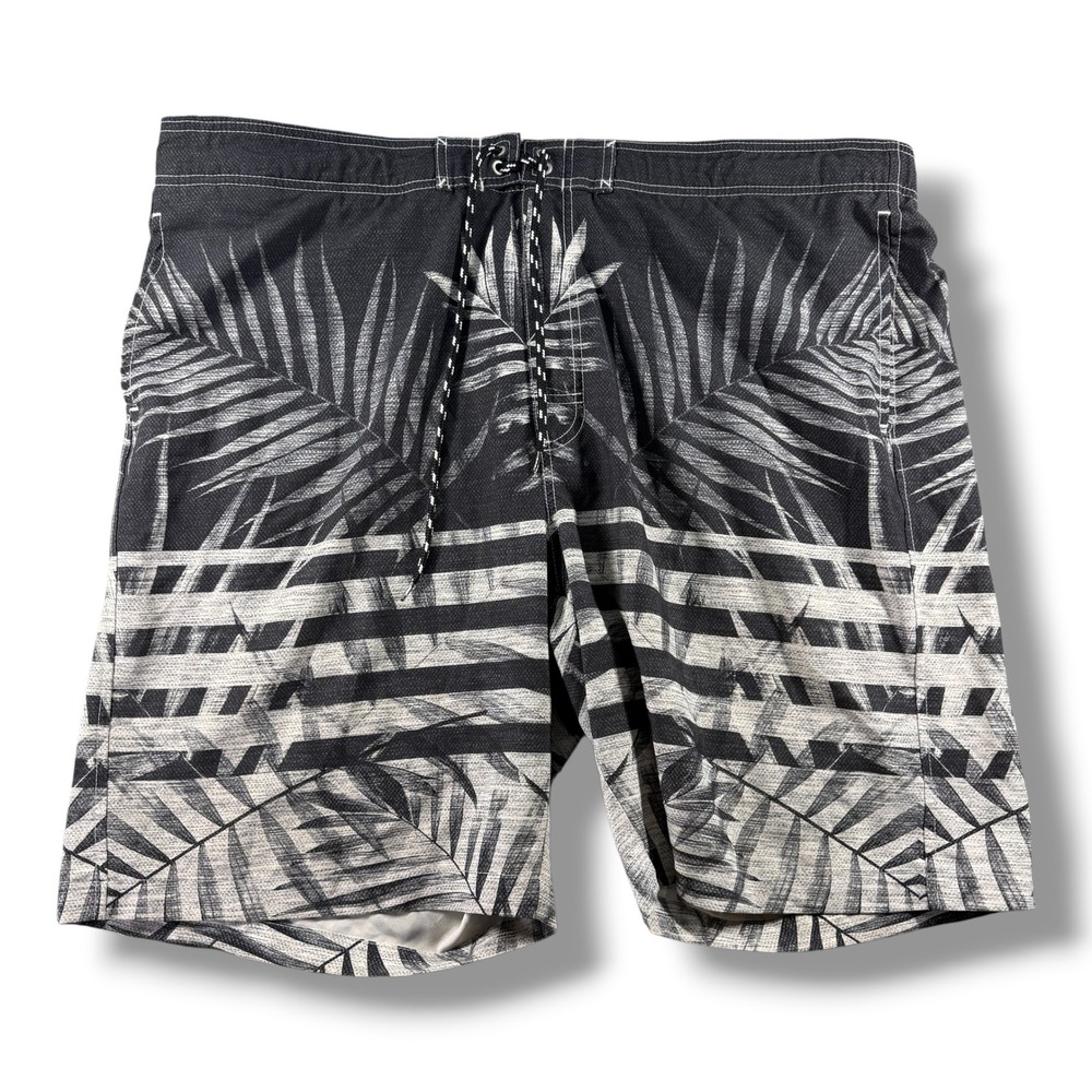 Sonoma Mens XXL Board Shorts Black Gray Tropical Palm Stripe Swim Trunks Stretch